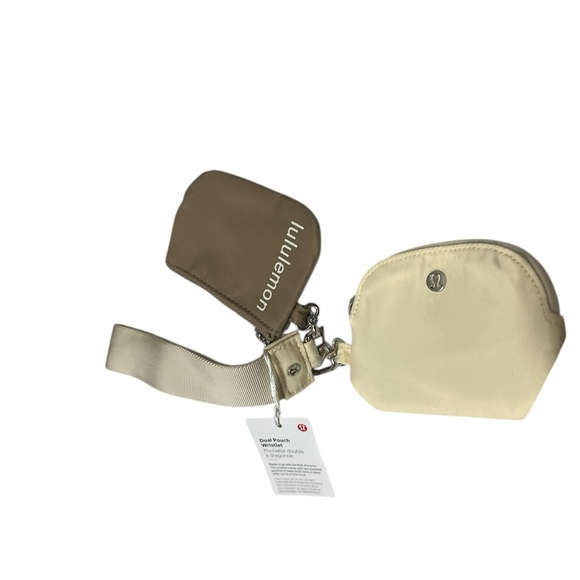 NWT Lululemon Dual Pouch Wristlet in Cream and brown silver accents new - Picture 1 of 9